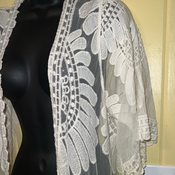 Rebellion Again White Yellow Sheer Lace Ombre Flowy Boho Kimono Duster Size L - Picture 8 of 11
